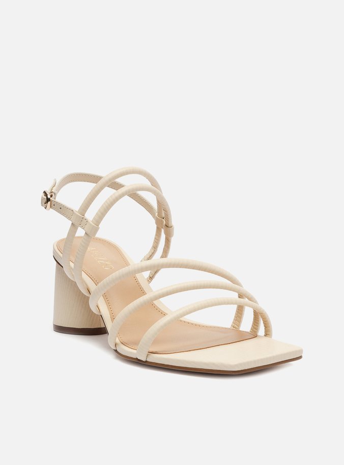 Sandália Off-White Couro Salto Bloco Redondo