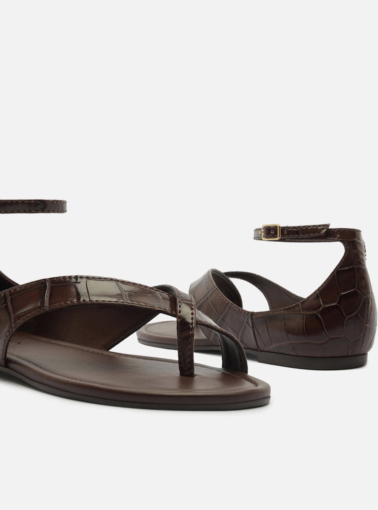 Sandália Rasteira Marrom Croco Tiras Dedeira — foto 4