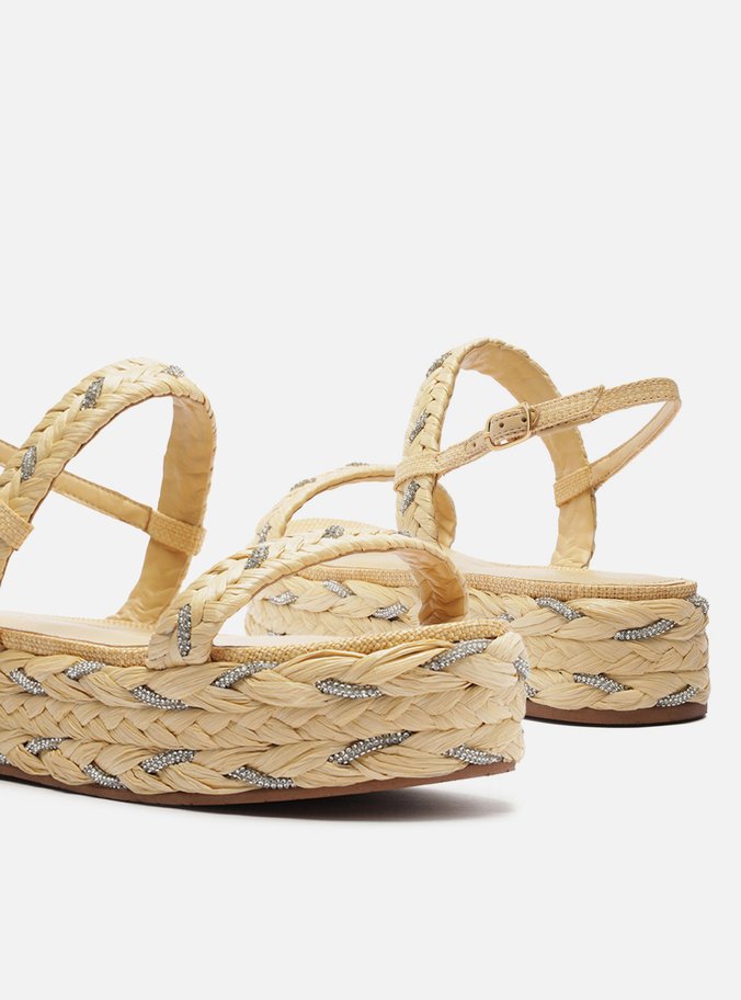 Sandália Bege Palha Trançada Flatform Strass