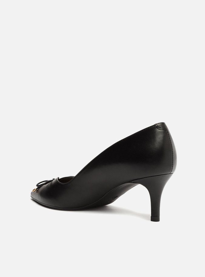 Scarpin Preto Couro Salto Médio Fino Laço