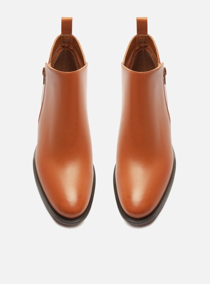 Bota Caramelo Couro Cano Curto Salto Baixo