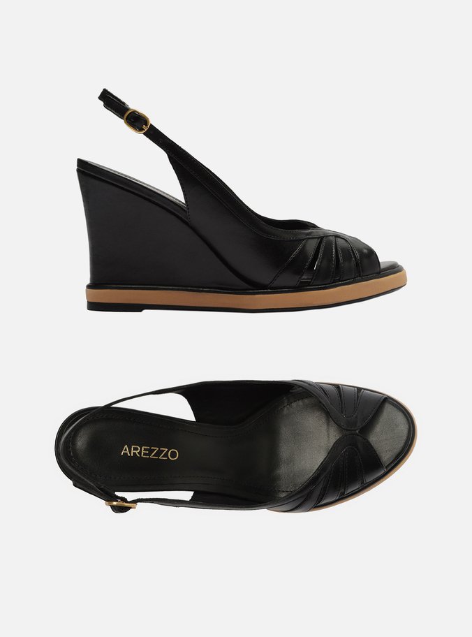 Sandália Preta Couro Salto Alto Anabela Slingback