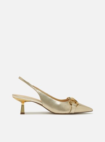 Scarpin Dourada Snake Bico Fino Slingback Bridão