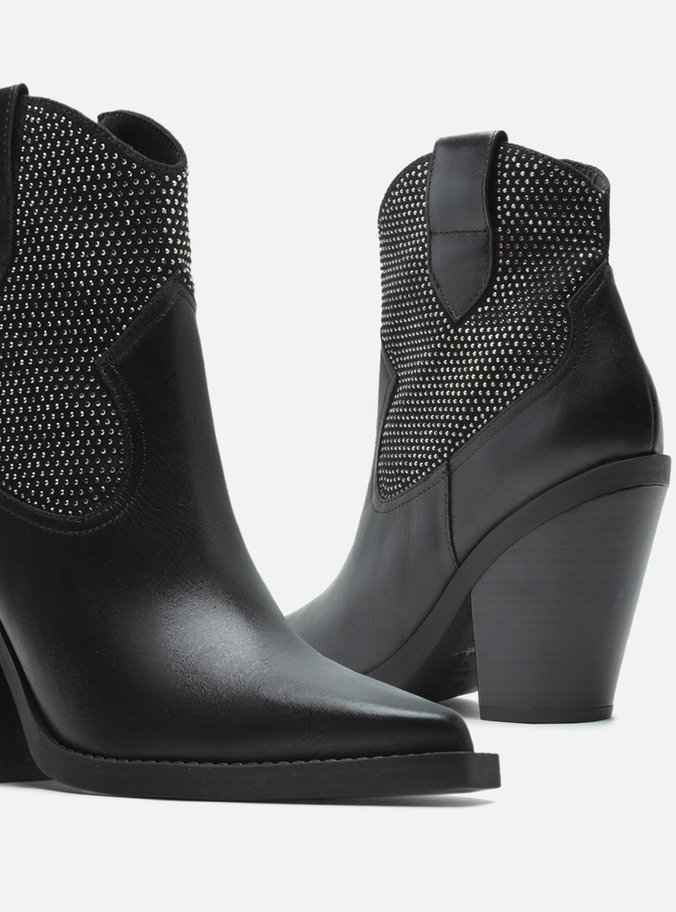 Bota Preta Couro Cano Curto Bloco Strass Western