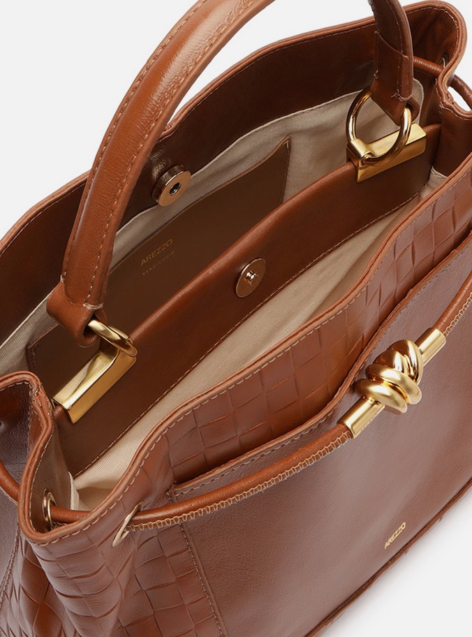 Bolsa Tote Caramelo Couro Tressê Grande Nó Metal