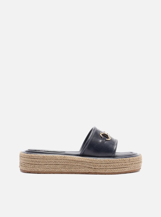 Tamanco Preto Couro Flatform Corda Bridão