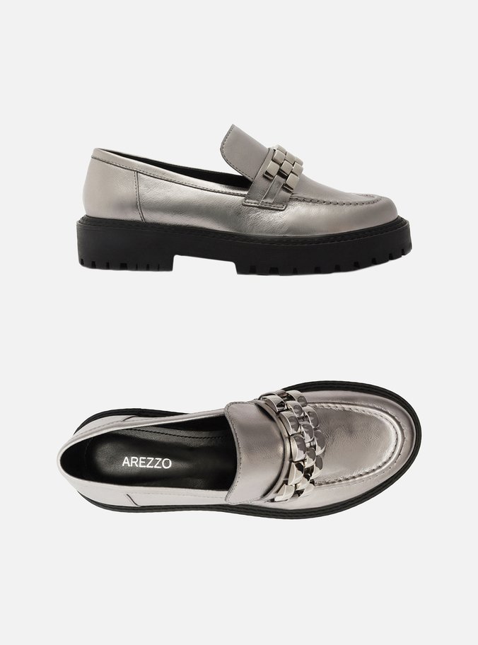 Mocassim Prata Couro Tratorado Metal