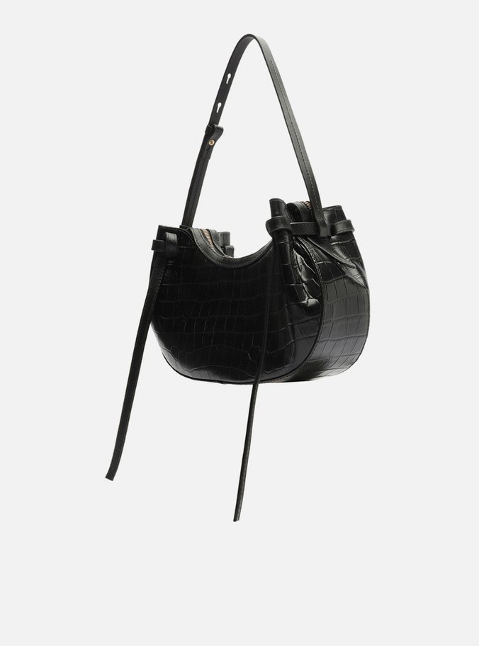 Bolsa Tiracolo Preta Couro Croco Média