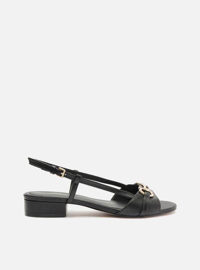 Sandália Preta Couro Salto Baixo Slingback Bridão