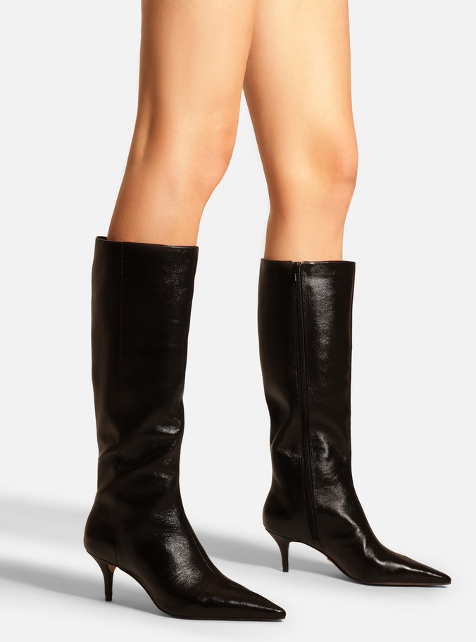 Bota Preta Couro Cano Longo Salto Kitten