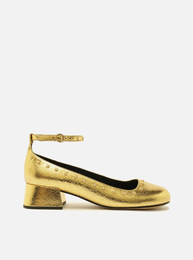 Sapato Boneca Dourado Couro Salto Bloco Tachas