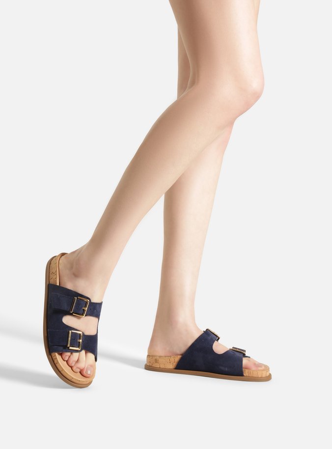 Sandália Papete Azul Camurça Cortiça Fivelas