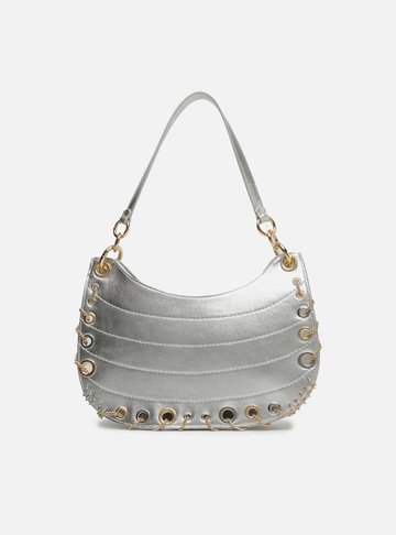 Bolsa Hobo Prata Couro Média Costuras Metais
