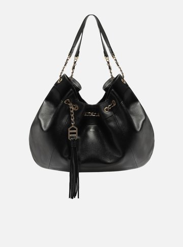 Bolsa Shopping Preta Couro Grande Franzido