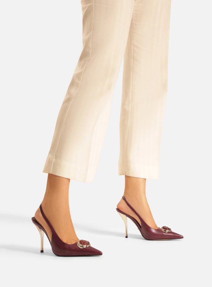 Scarpin Vinho Couro Salto Alto Slingback Pedraria