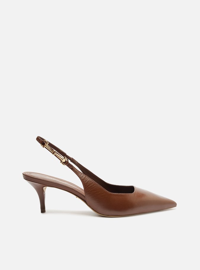 Scarpin Marrom Couro Slingback Detalhe Metal