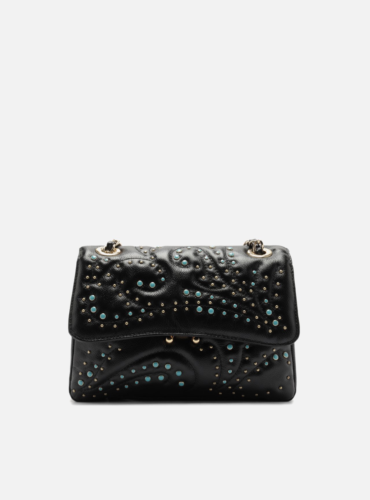 Bolsa Tiracolo Preta Couro Mizz Média Tachas Azuis | Arezzo