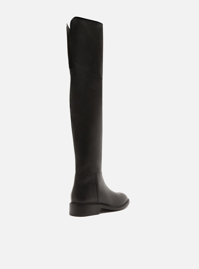Bota Over The Knee Preta Couro Salto Bloco