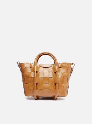 Bolsa Tote Marrom Couro Média Tressê Geométrico