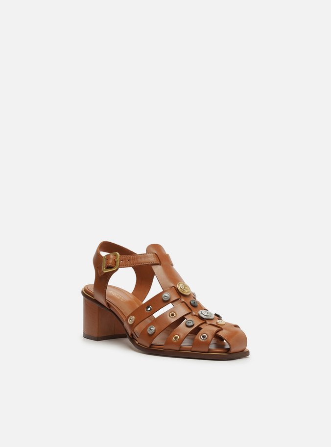 Sandália Marrom Couro Bloco Huarache Metal