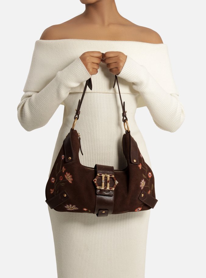 Bolsa Hobo Marrom Camurça Bordado Grande Metal Sextavado