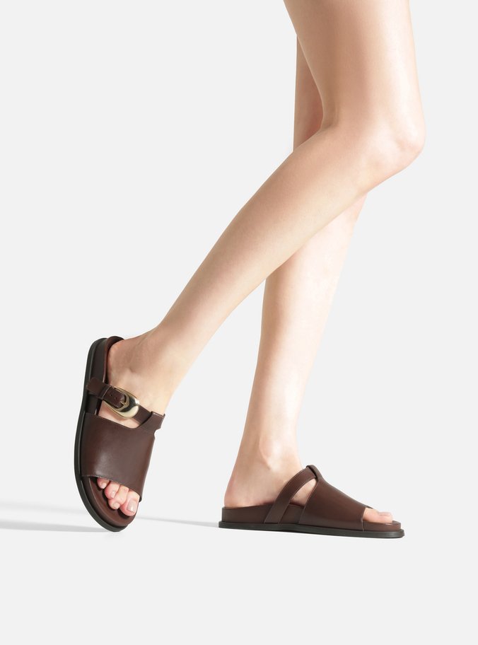 Sandália Rasteira Marrom Couro Tira Larga Fivela