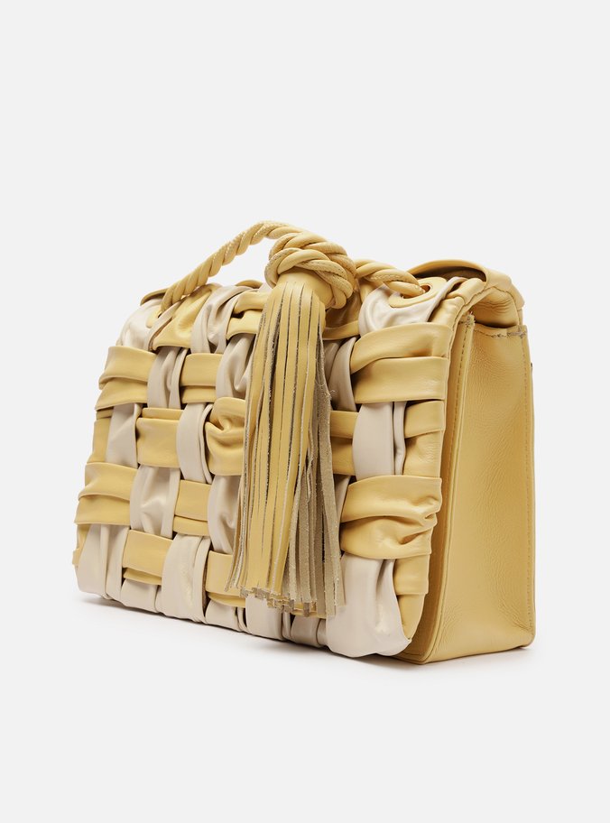 Bolsa Tiracolo Amarela Couro Grande Tressê Bicolor