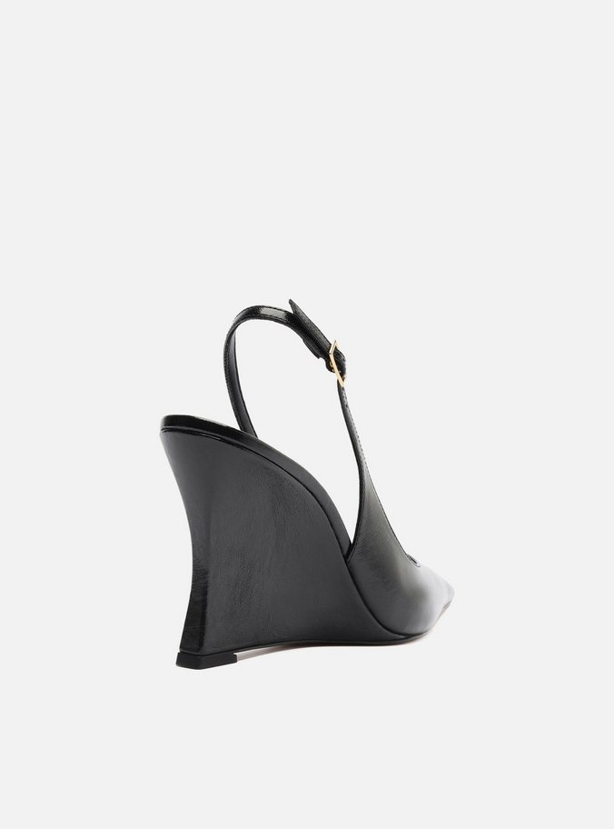 Scarpin Preto Couro Salto Anabela Slingback