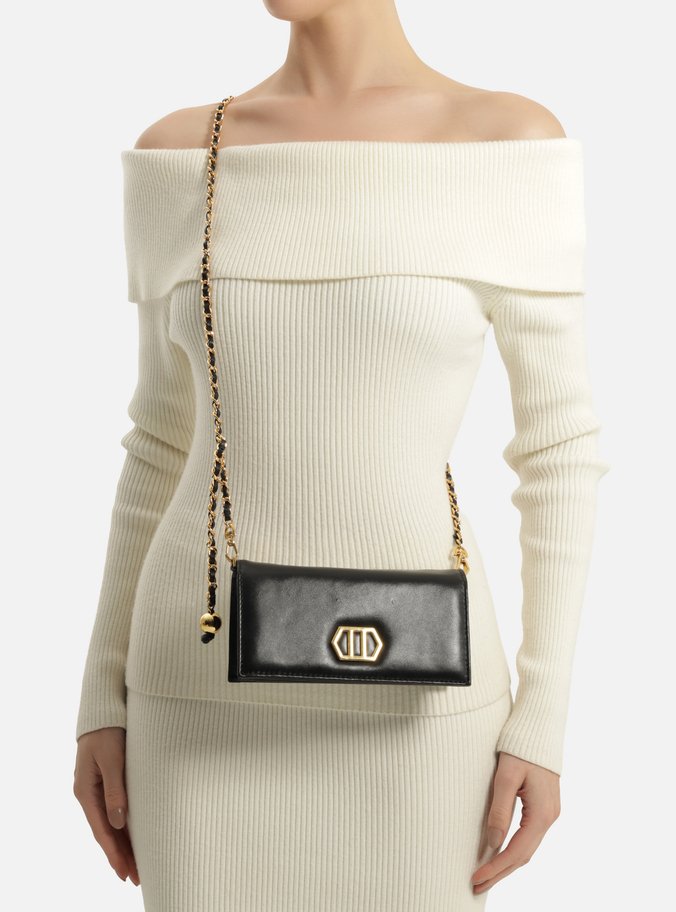 Clutch Preta Couro Pequena Metal