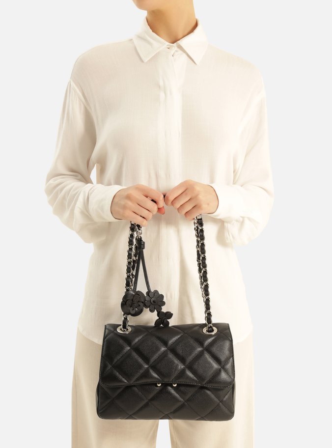 Bolsa Tiracolo Preta Couro Mizz Média Flor