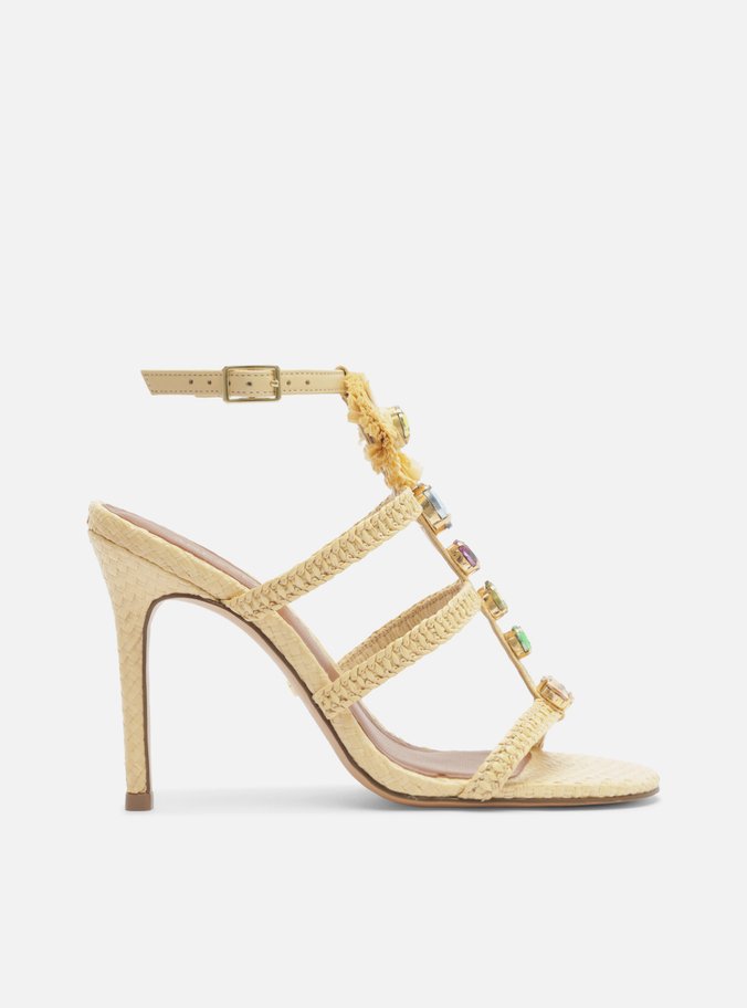 Sandália Bege Ráfia Salto Alto Pedrarias Flores