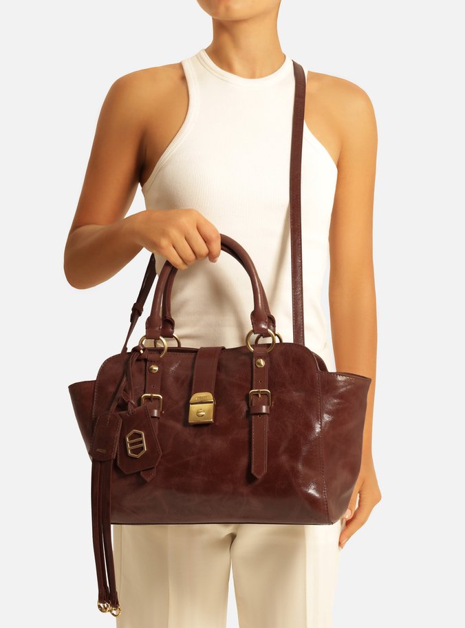 Bolsa Tote Marrom Couro Estonado Média Metal