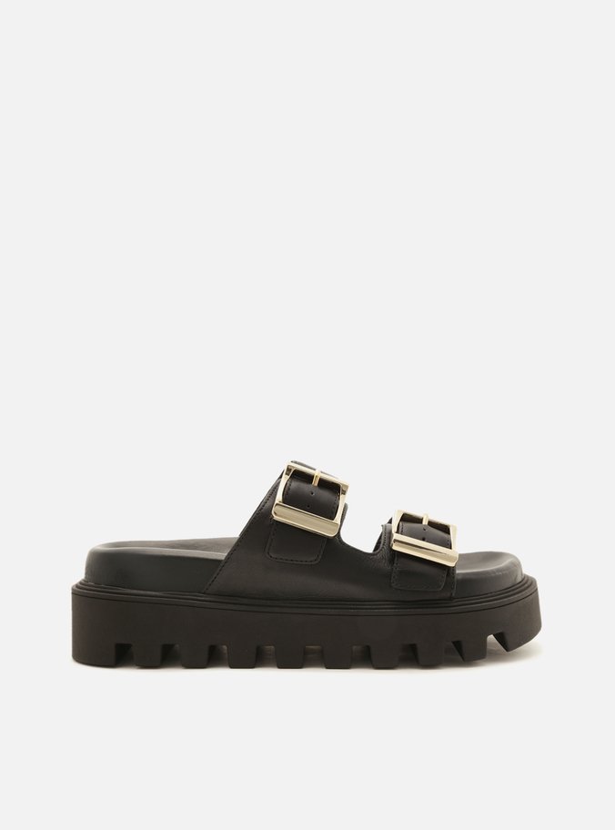 Sandália Preta Couro Flatform Tratorada