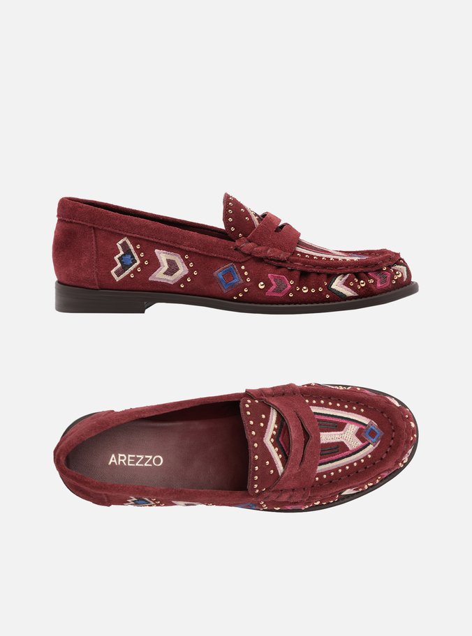 Mocassim Vinho Suede Bridão Metálico Bordado