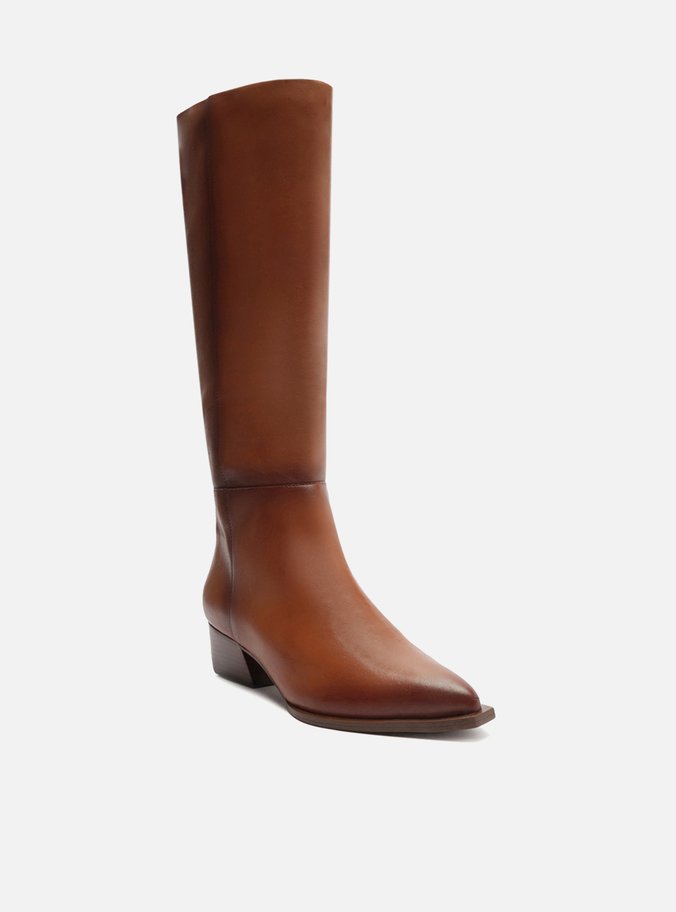 Bota Marrom Couro Cano Longo Salto Bloco