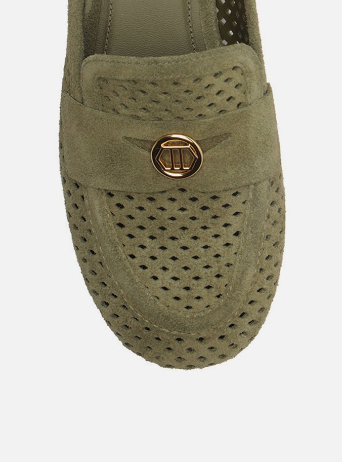 Mocassim Verde Suede Bico Redondo Vazado Metal