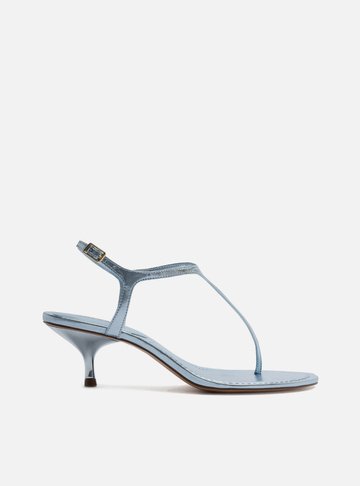 Sandália Azul Metal Salto Kitten Tira Thong