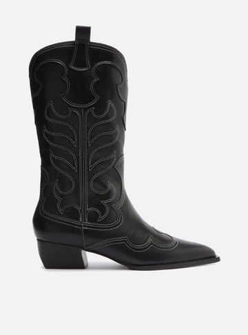 Bota Preta Couro Cano Médio Western Folk