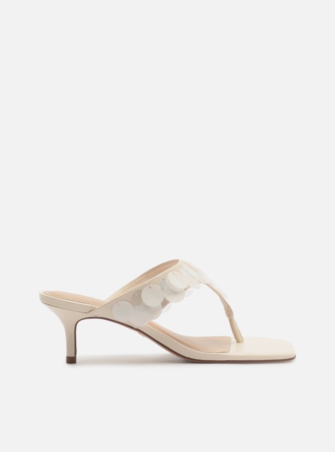 Tamanco Thong Off White Salto Médio Tira Thong Paetês
