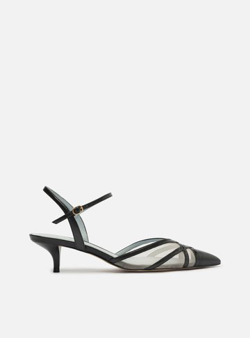 Scarpin Preto Couro Tela Salto Baixo Fivela