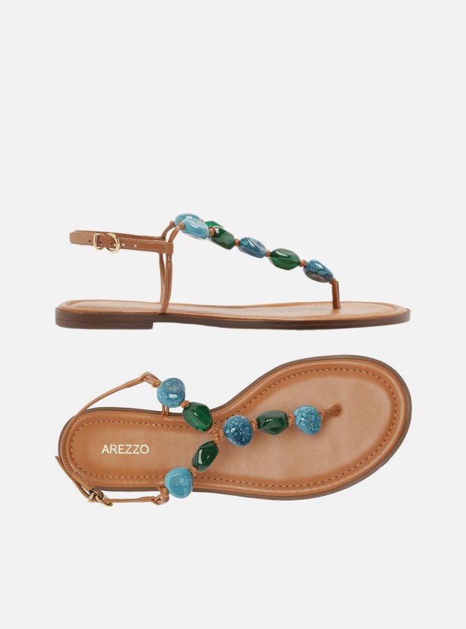 Sandália Rasteira Marrom Slim Pedras Boho