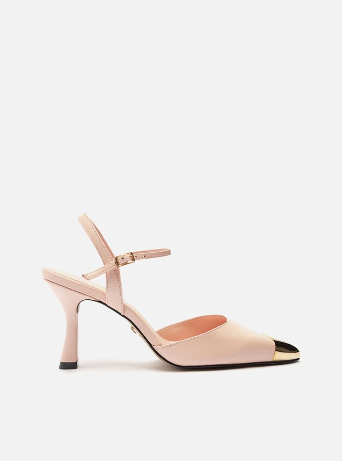 Scarpin Rosa Couro Bico Fino Aberto Cap Toe