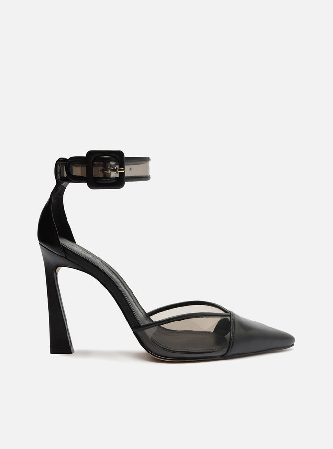 Scarpin Preto Couro Salto Alto Bico Fino Vinil