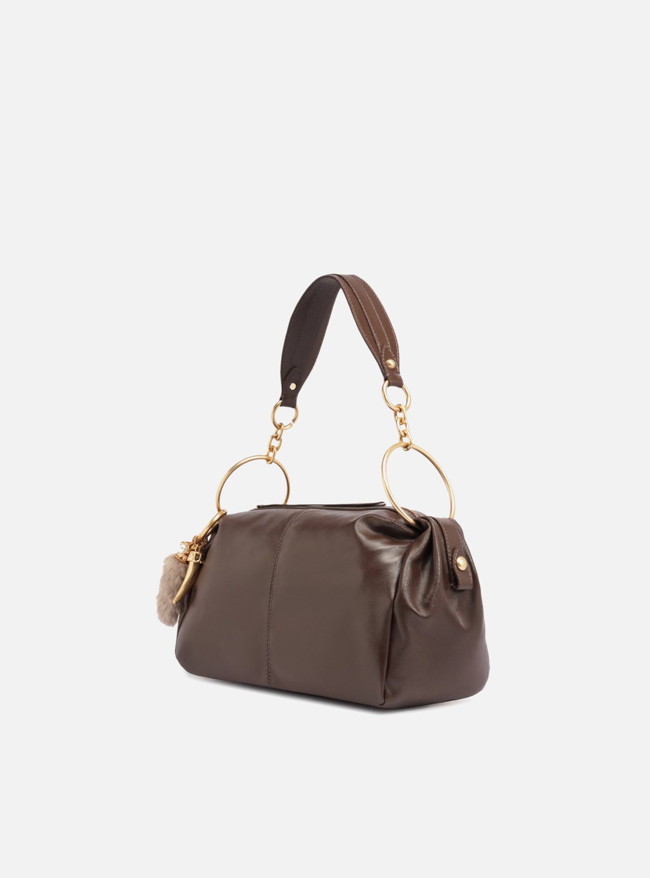 Bolsa Shoulder Marrom Couro Média Pelo Metais — foto 2