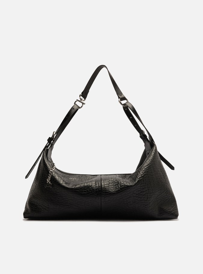 Bolsa Hobo Preta Couro Grande Fivelas