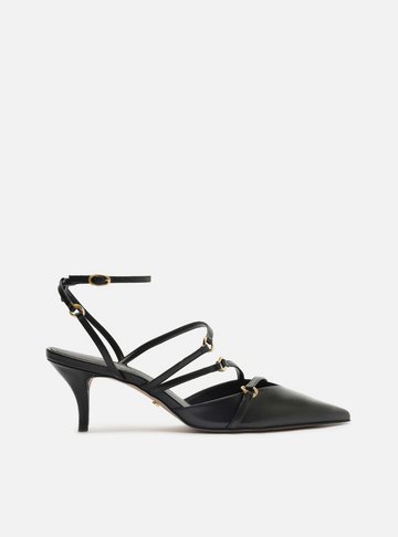 Scarpin Preto Couro Salto Kitten Tiras