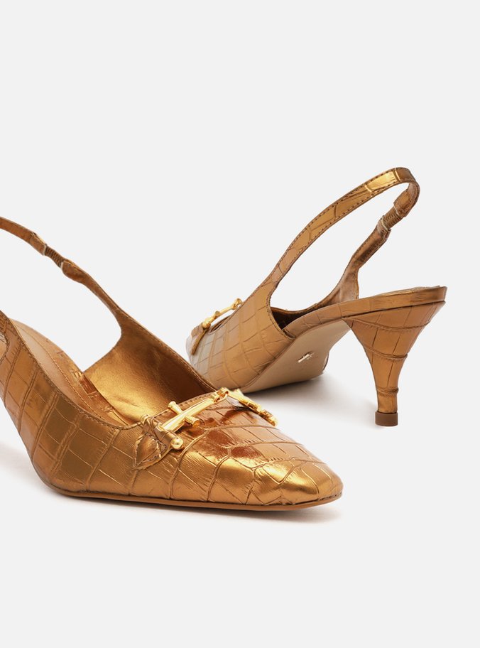 Scarpin Dourado Croco Bico Fino Slingback Bridão