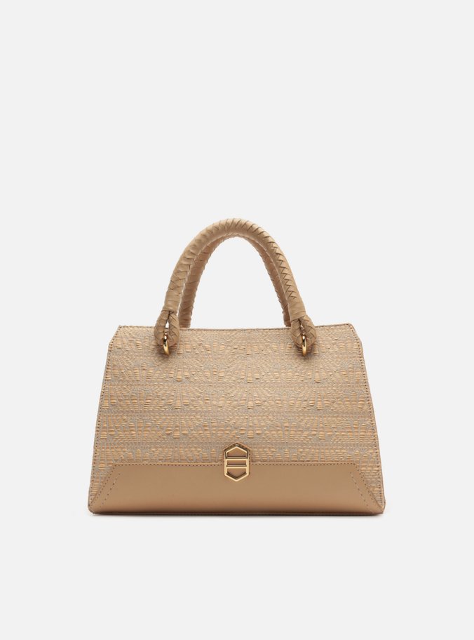 Bolsa Tote Bege Tramado Couro Média Metal