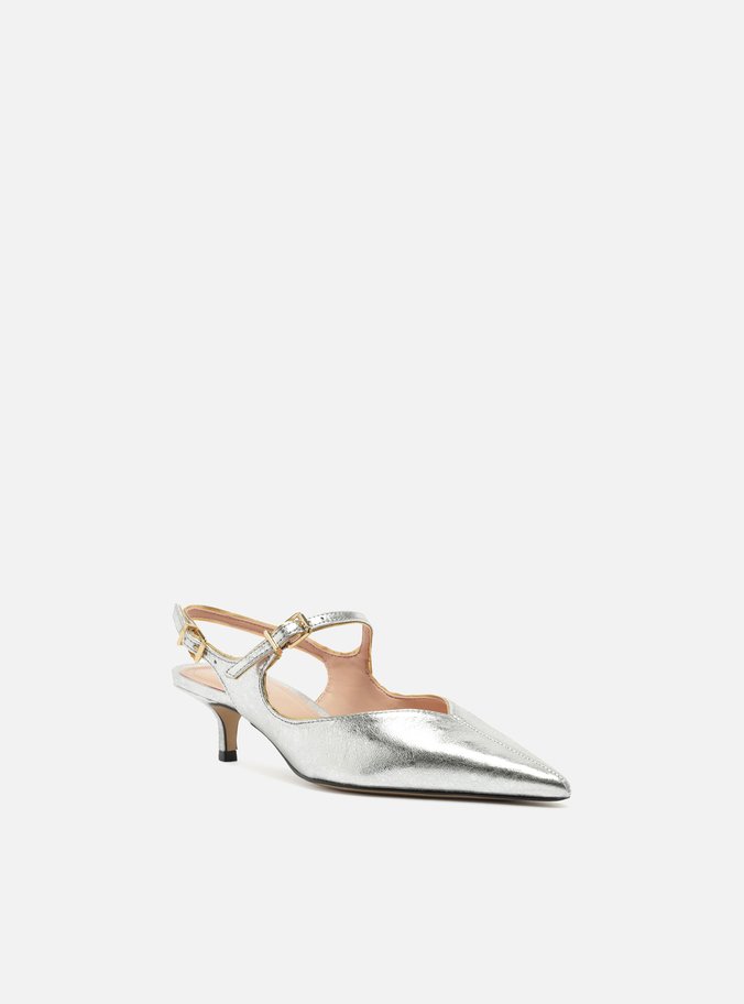 Sapato Boneca Prata Couro Bico Fino Slingback