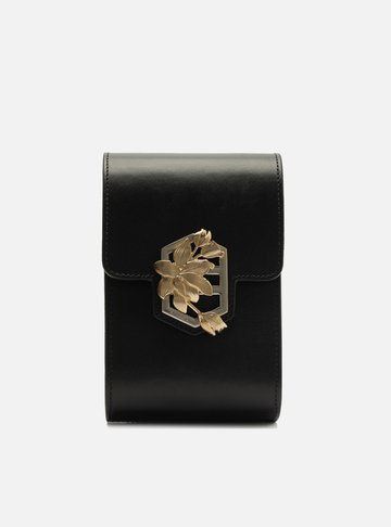 Mini Bag Preta Couro Porta-Celular Metal Flor
